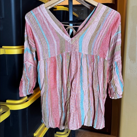 NWT En Crème Boho Metallic Stripe Peasant Top Tassel Tie V-Neck Size Small - Picture 8 of 9